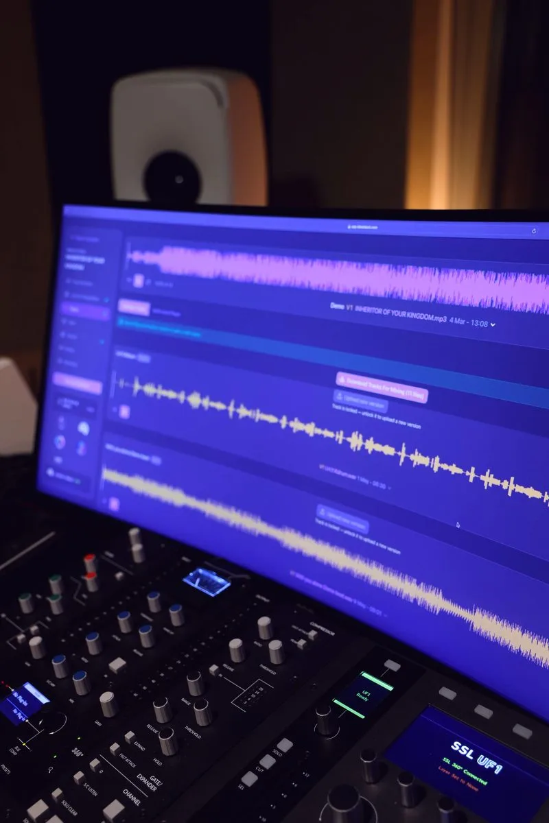 TrackSpace on a curved monitor above a mixing console