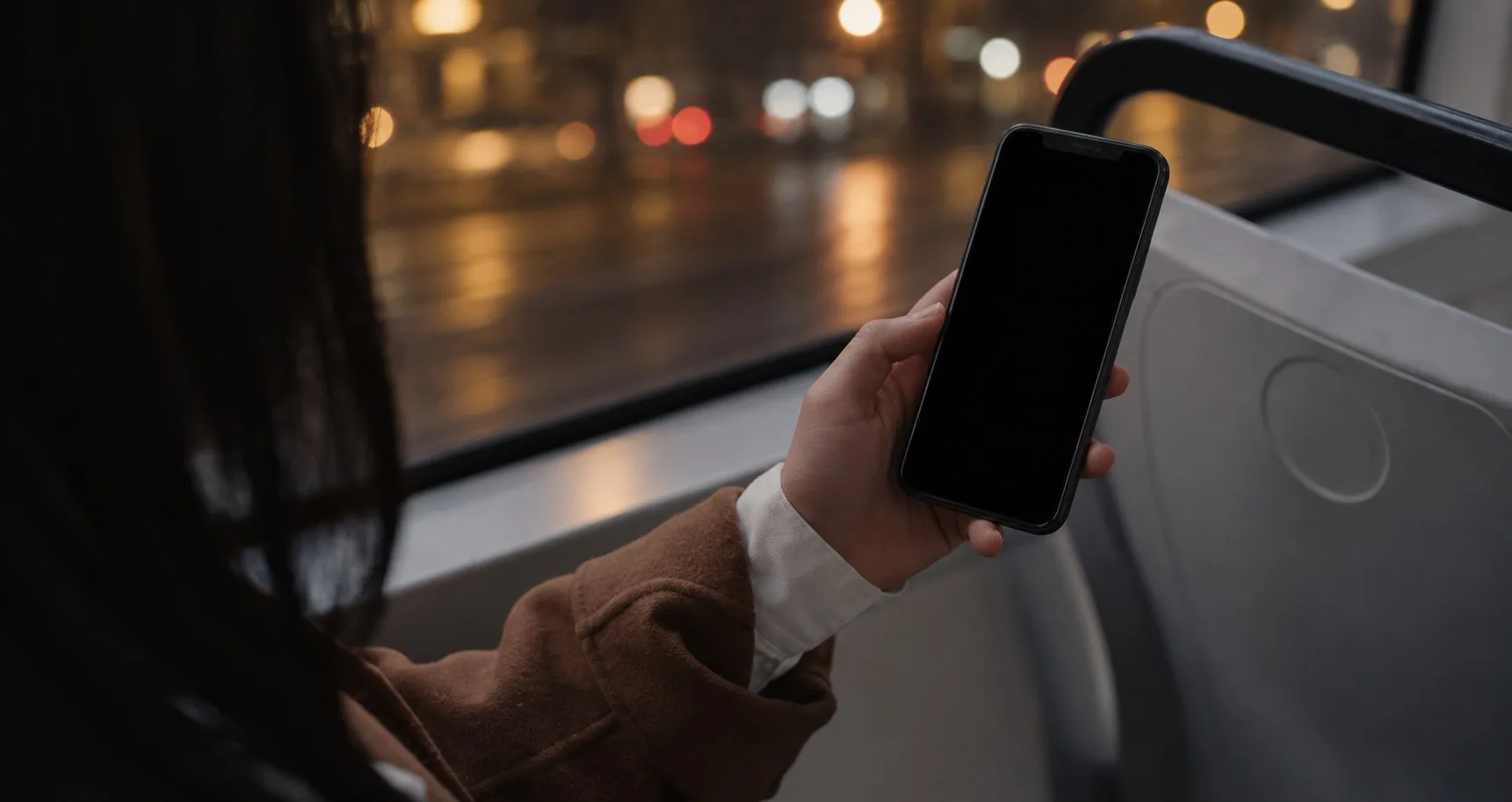 Person on a night tram recording an idea into TrackSpace on her phone